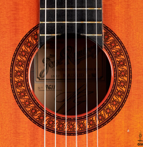 This is the rosette of a Jose Ramirez "1a" classical guitar built in 1976. It has a cedar soundboard and CSA rosewood back and sides.