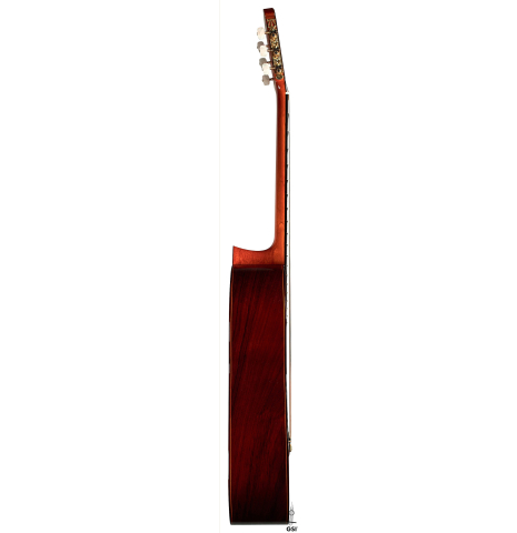 This is the side of a Jose Ramirez "1a" classical guitar built in 1976 on a white background. It has a cedar soundboard and CSA rosewood back and sides.