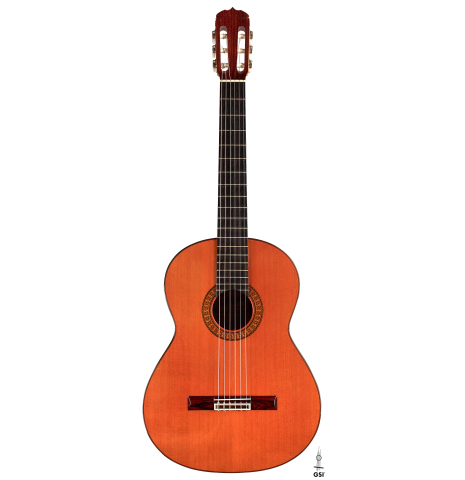 This is the front of a Jose Ramirez &quot;1a&quot; classical guitar built in 1974 on a white background. It has a cedar soundboard and CSA rosewood back and sides.