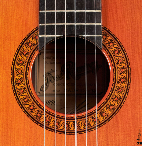 This is the rosette of a Jose Ramirez &quot;1a&quot; classical guitar built in 1974. It has a cedar soundboard and CSA rosewood back and sides.