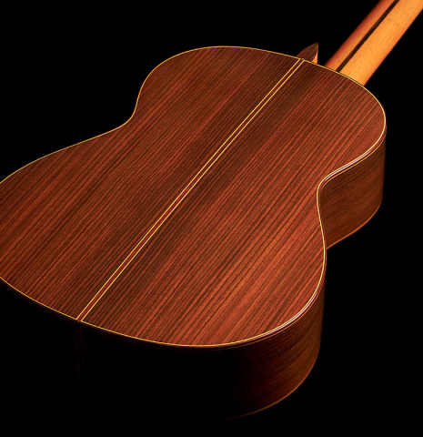 The back of a 1990 Jose Ramirez &quot;1a&quot; (ex Gianvito Pulzone) classical guitar made of cedar and Indian rosewood
