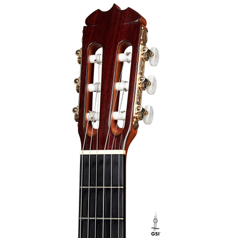 The headstock of a 1990 Jose Ramirez &quot;1a&quot; (ex Gianvito Pulzone) classical guitar made of cedar and Indian rosewood