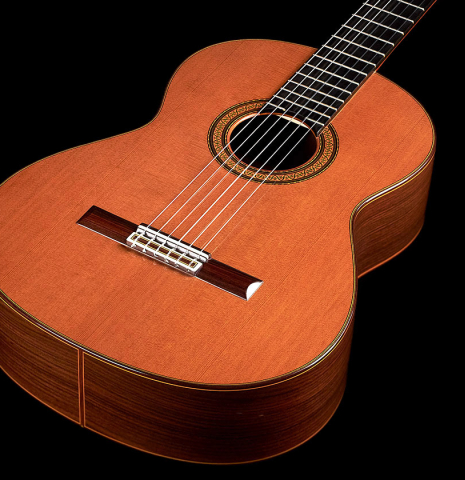 The soundboard of a 1990 Jose Ramirez &quot;1a&quot; (ex Gianvito Pulzone) classical guitar made of cedar and Indian rosewood