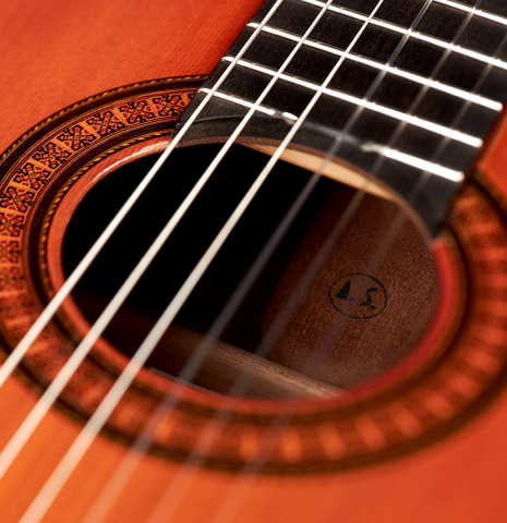 The rosette of a 1969 Jose Ramirez "1a" classical Spanish guitar made with cedar and CSA rosewood.