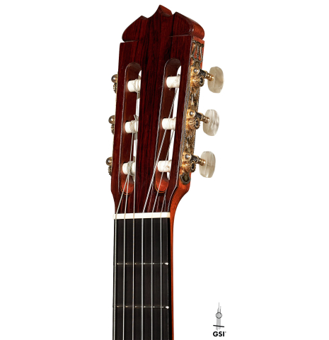 The headstock of a 1969 Jose Ramirez "1a" classical Spanish guitar made with cedar and CSA rosewood.