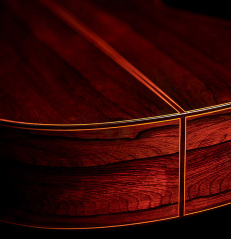 The lower bout of a 1969 Jose Ramirez "1a" classical Spanish guitar made with cedar and CSA rosewood.