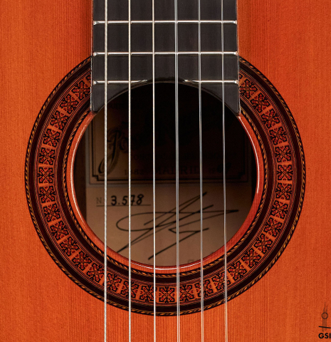 The rosette of a 1969 Jose Ramirez "1a" classical Spanish guitar made with cedar and CSA rosewood.