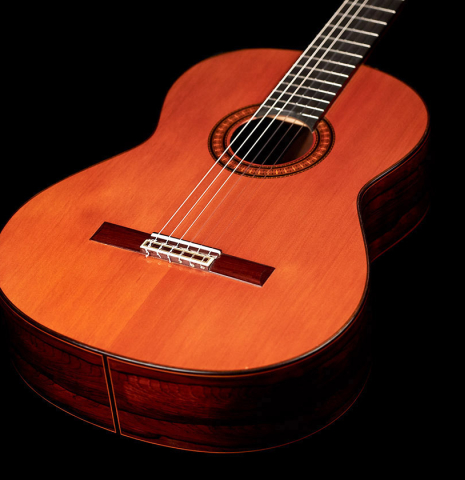 The front of a 1969 Jose Ramirez "1a" classical Spanish guitar made with cedar and CSA rosewood.