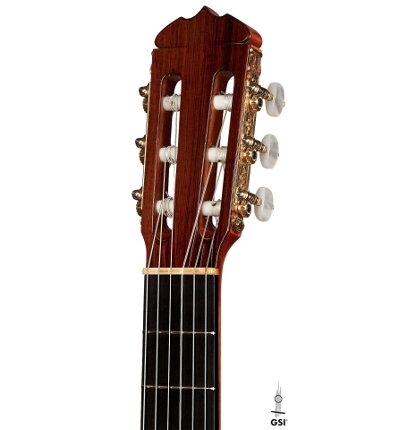 The headstock of a 1964 Jose Ramirez "1a AM" SP/CSAR classical guitar made by Mariano Tezanos with spruce top and CSA rosewood on a white background.