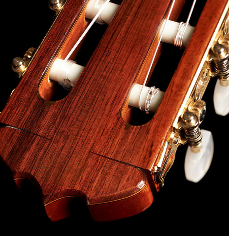 The headstock and tuning machines of a 1964 Jose Ramirez "1a AM" SP/CSAR classical guitar made by Mariano Tezanos with spruce top and CSA rosewood.