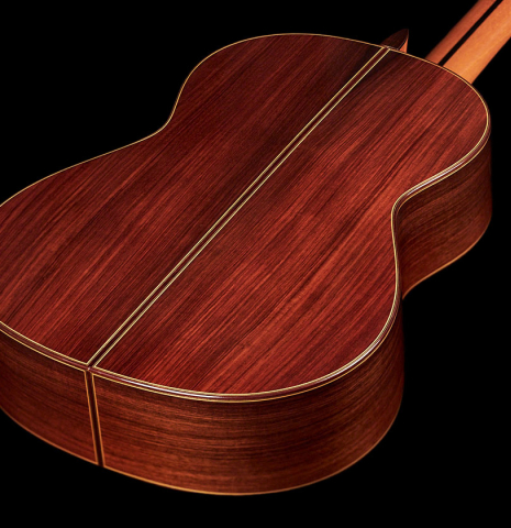 The back of a 1998 Jose Ramirez "1a Tradicional - Lefty" classical guitar made with cedar and Indian rosewood.