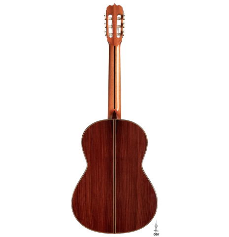 The back of a 1998 Jose Ramirez "1a Tradicional - Lefty" classical guitar made with cedar and Indian rosewood.