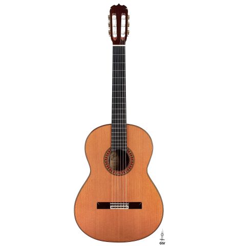 The front of a 1998 Jose Ramirez "1a Tradicional - Lefty" classical guitar made with cedar and Indian rosewood.