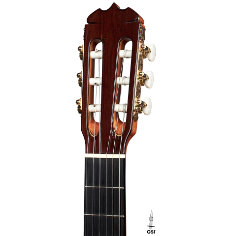 The headstock of a 1998 Jose Ramirez "1a Tradicional - Lefty" classical guitar made with cedar and Indian rosewood.