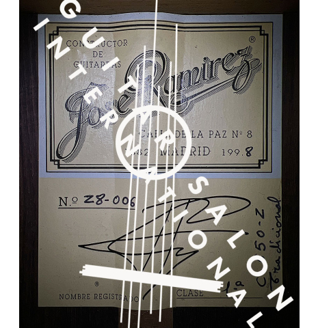 The label of a 1998 Jose Ramirez "1a Tradicional - Lefty" classical guitar made with cedar and Indian rosewood.