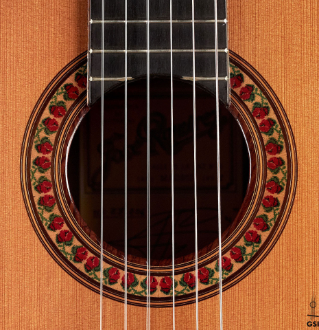 The rosette of a 1998 Jose Ramirez "1a Tradicional - Lefty" classical guitar made with cedar and Indian rosewood.