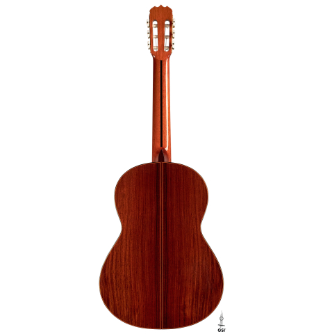 The back of a 1977 Jose Ramirez "1a" classical guitar made with cedar nad Indian rosewood.