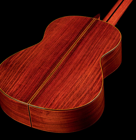 The back of a 1977 Jose Ramirez "1a" classical guitar made with cedar nad Indian rosewood.