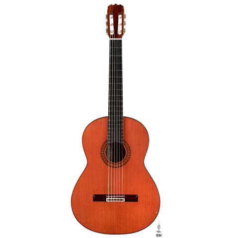 The front of a 1977 Jose Ramirez "1a" classical guitar made with cedar nad Indian rosewood.