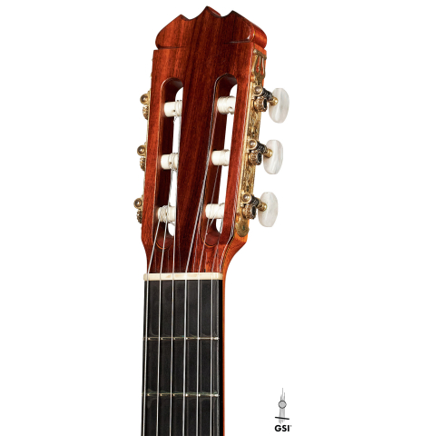 The headstock of a 1977 Jose Ramirez "1a" classical guitar made with cedar nad Indian rosewood.