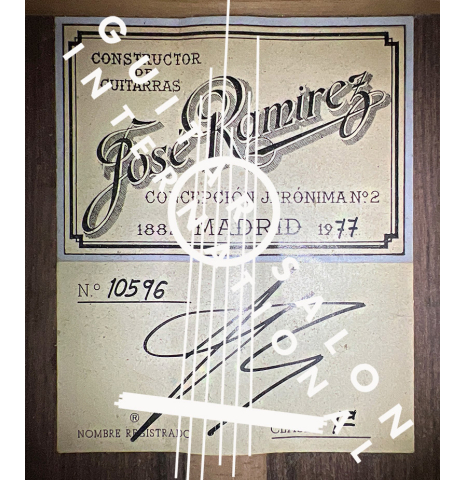 The label of a 1977 Jose Ramirez "1a" classical guitar made with cedar nad Indian rosewood.