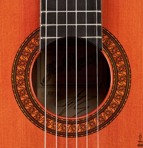 The rosette of a 1977 Jose Ramirez "1a" classical guitar made with cedar nad Indian rosewood.