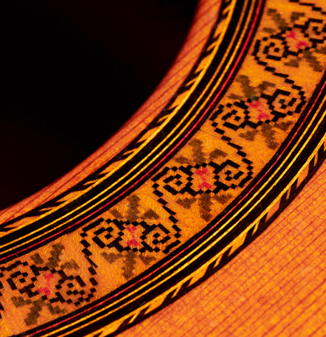The rosette of a 1977 Jose Ramirez "1a" classical guitar made with cedar nad Indian rosewood.