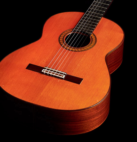 The front of a 1977 Jose Ramirez "1a" classical guitar made with cedar nad Indian rosewood.