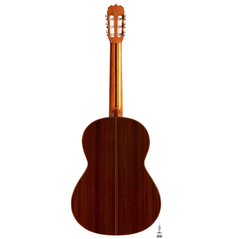 The back of a 1989 Jose Ramirez "1a" (ex Gianvito Pulzone) classical guitar made of cedar and Indian rosewood