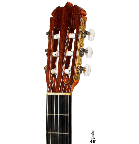 The headstock of a 1989 Jose Ramirez "1a" (ex Gianvito Pulzone) classical guitar made of cedar and Indian rosewood