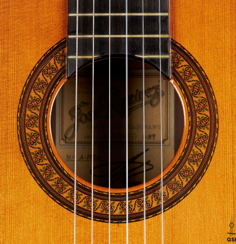 The rosette of a 1989 Jose Ramirez "1a" (ex Gianvito Pulzone) classical guitar made of cedar and Indian rosewood