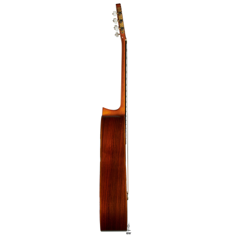 The side of a 1989 Jose Ramirez "1a" (ex Gianvito Pulzone) classical guitar made of cedar and Indian rosewood