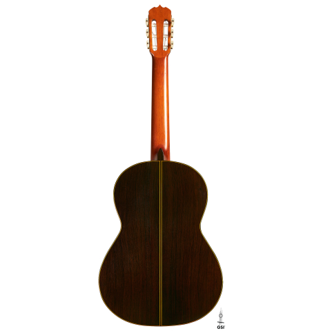 The back of a 1964 Jose Ramirez "1a AM" SP/CSAR classical guitar made by Mariano Tezanos with spruce top and CSA rosewood on a white background.