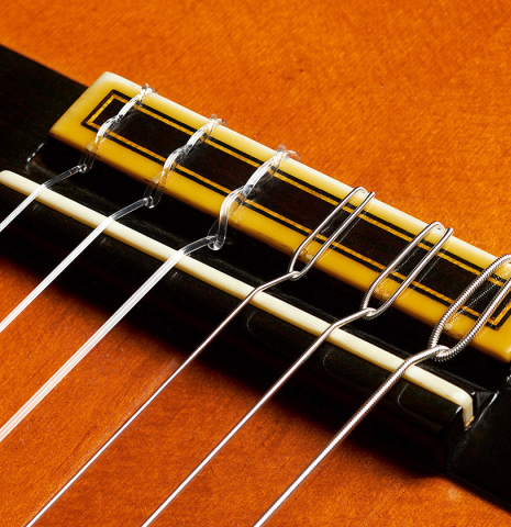 The bridge, tie-block and saddle of a 1964 Jose Ramirez "1a AM" SP/CSAR classical guitar made by Mariano Tezanos with spruce top and CSA rosewood.