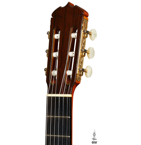 The headstock of a 1964 Jose Ramirez "1a AM" SP/CSAR classical guitar made by Mariano Tezanos with spruce top and CSA rosewood on a white background.