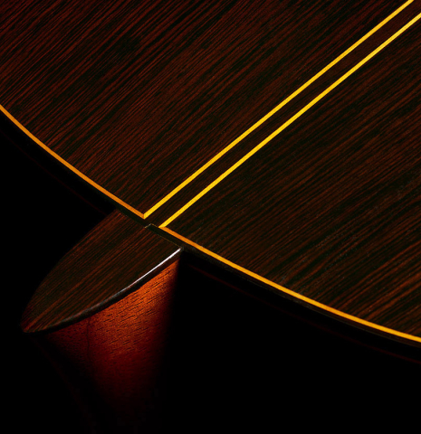 The heel and back purflings of a 1964 Jose Ramirez "1a AM" SP/CSAR classical guitar made by Mariano Tezanos with spruce top and CSA rosewood.
