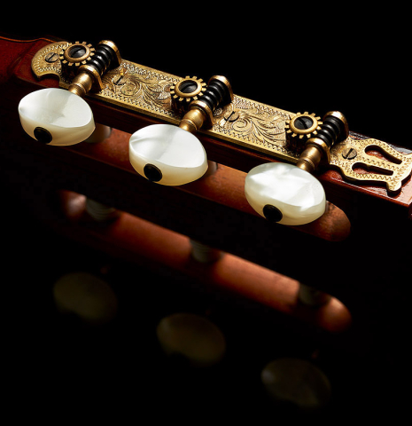 The headstock and tuning machines of a 1964 Jose Ramirez "1a AM" SP/CSAR classical guitar made by Mariano Tezanos with spruce top and CSA rosewood.