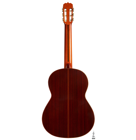 The back of a 1969 Jose Ramirez "1a AM" CD/IN classical guitar made by Antonio Martinez with cedar and Indian rosewood
