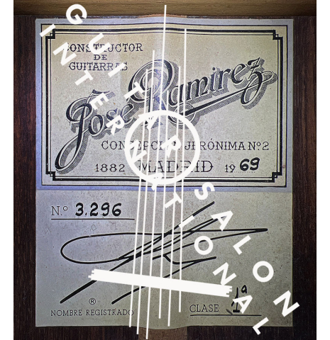 The label of a 1969 Jose Ramirez "1a AM" CD/IN classical guitar made by Antonio Martinez with cedar and Indian rosewood