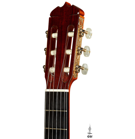 The headstock of a 1969 Jose Ramirez "1a AM" CD/IN classical guitar made by Antonio Martinez with cedar and Indian rosewood