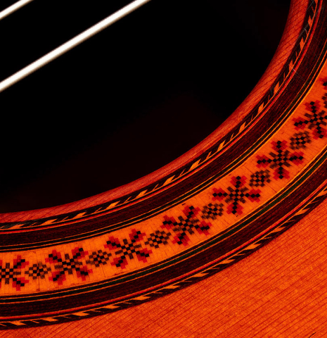 Closeup of the rosette of a 1969 Jose Ramirez "1a AM" CD/IN classical guitar made by Antonio Martinez with cedar and Indian rosewood