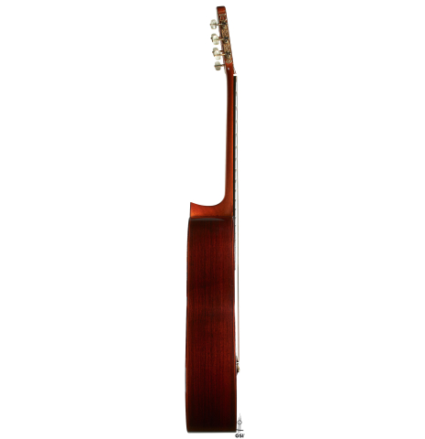 The side of a 1969 Jose Ramirez "1a AM" CD/IN classical guitar made by Antonio Martinez with cedar and Indian rosewood