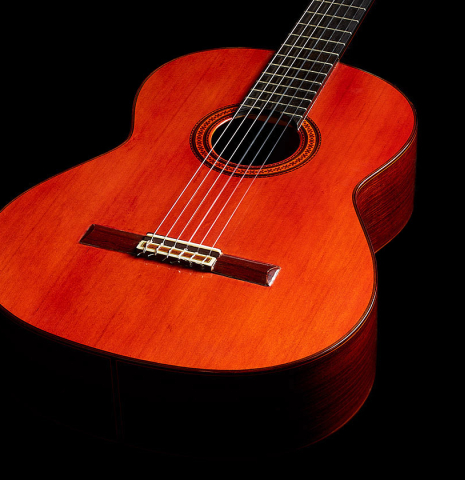 The soundboard of a 1969 Jose Ramirez "1a AM" CD/IN classical guitar made by Antonio Martinez with cedar and Indian rosewood