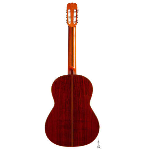 The back of a 1977 Jose Ramirez "1a" classical guitar made with cedar and Indian rosewood.