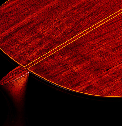 The heel, back binding and purflings of a 1977 Jose Ramirez "1a" classical guitar made with cedar and Indian rosewood.