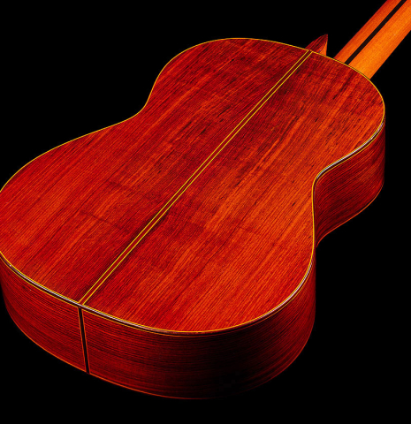 The back and sides of a 1977 Jose Ramirez "1a" classical guitar made with cedar and Indian rosewood.