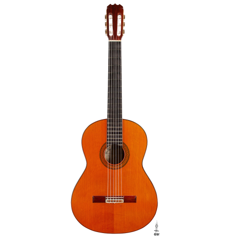 The front of a 1977 Jose Ramirez "1a" classical guitar made with cedar and Indian rosewood.