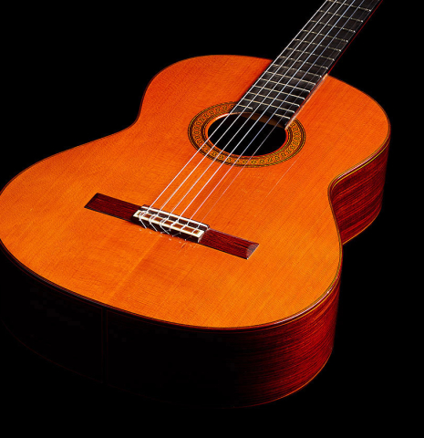 The top and sides of a 1977 Jose Ramirez "1a" classical guitar made with cedar and Indian rosewood.