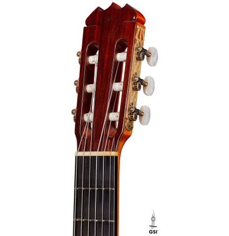 The headstock of a 1977 Jose Ramirez "1a" classical guitar made with cedar and Indian rosewood.