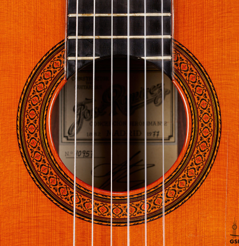 The rosette of a 1977 Jose Ramirez "1a" classical guitar made with cedar and Indian rosewood.